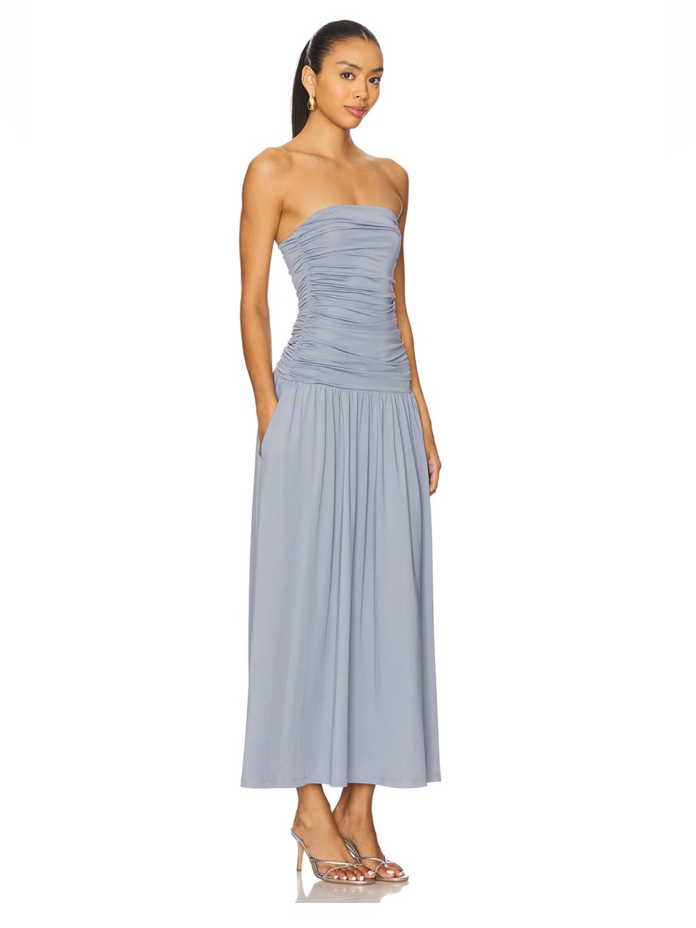 NIA Santal Strapless Ruched Midi Dress in State Blue - Picture 2 of 12